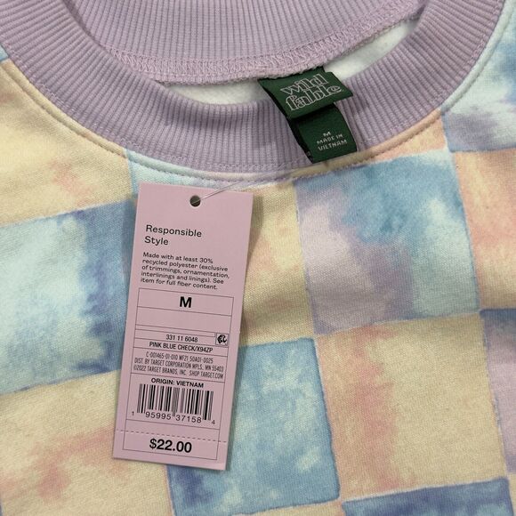 Wild Fable Sweatshirt Women Medium Pink Blue Square Print Pastel Fleece Pullover - Picture 4 of 6